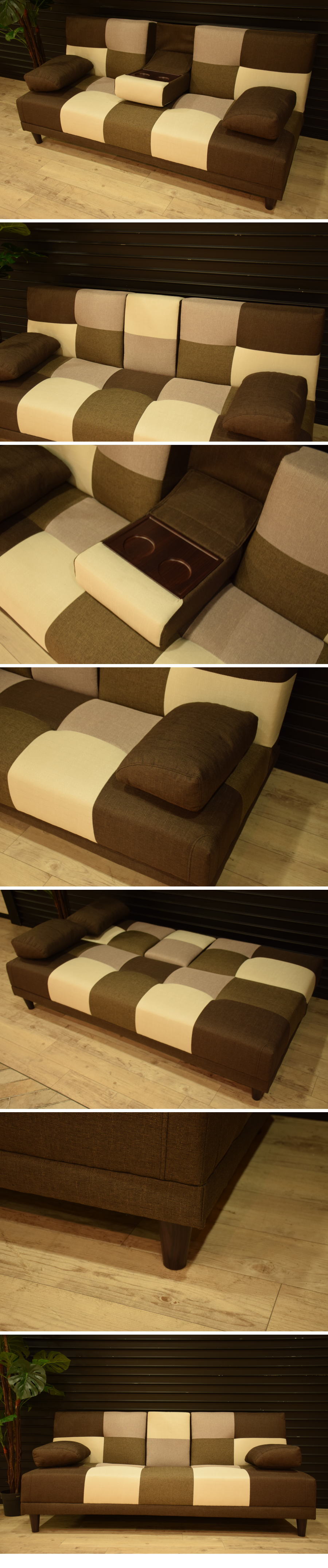 HOT最新作テーブル付カラフル布製パッチワーク ソファーベッド 3人掛け アウトレット家具0037757 布製