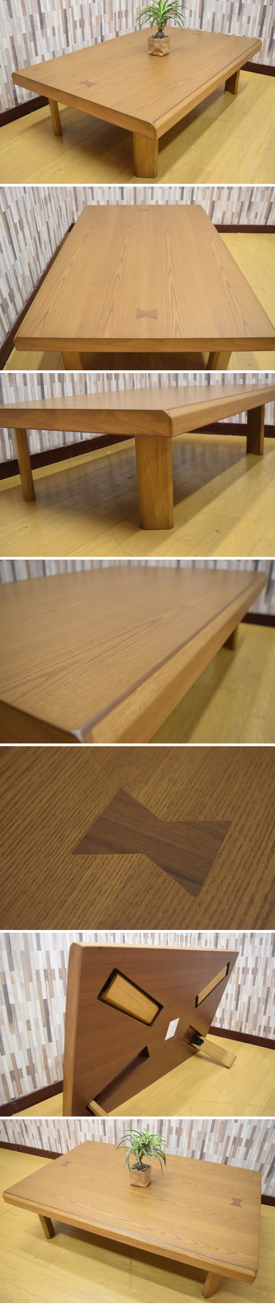 工場直売和モダン 折れ脚 タモ材 120cm幅 象嵌入り センターテーブル 座卓 未使用 アウトレット家具AB0610C4 木材
