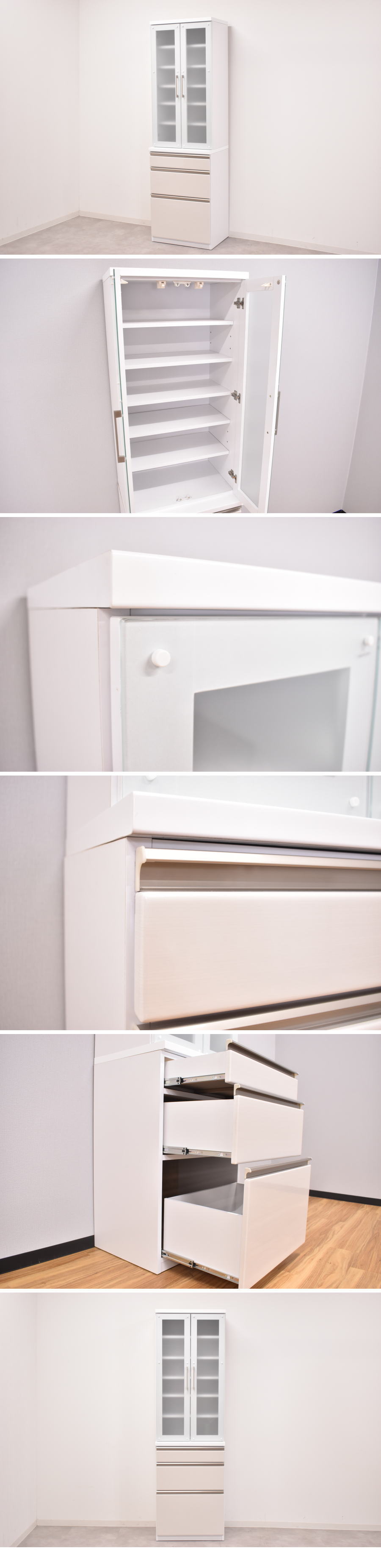 特注製作ホワイト鏡面 60cm幅 キッチンラック 食器棚 アウトレット家具 収納 キッチンボード 0034566 食器棚
